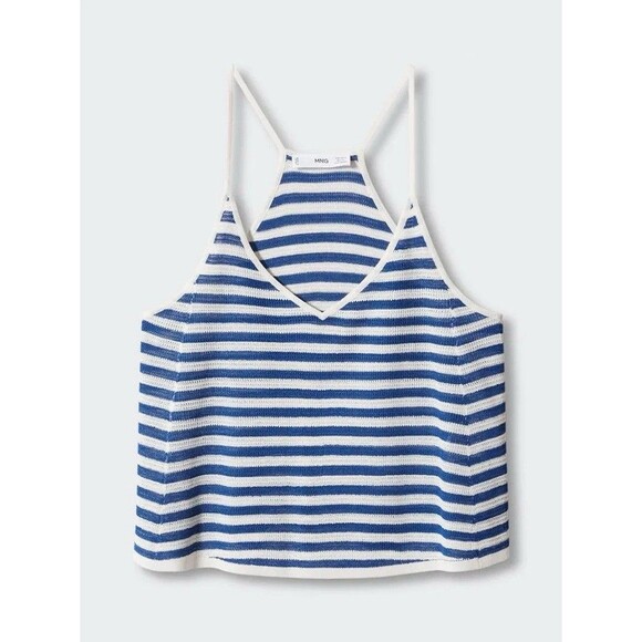 Mango Blue & White Striped Sleeveless Knit Crop Tank Top – Size L - Picture 1 of 5